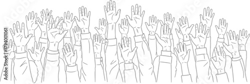 Diverse crowd enthusiastically raising hands seeking attention or participation in a vibrant meeting or event