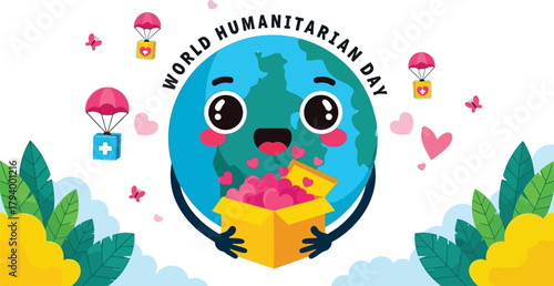 Joyful cartoon Earth shares love and aid from a bright yellow box, symbolizing global humanitarian efforts with parachuting medical supplies and hearts.