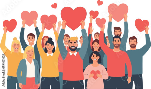 Joyful diverse group celebrates together holding vibrant red hearts, spreading love and unity in a powerful display of community connection and positivity.