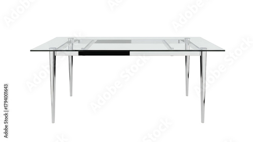 Rectangular dining surface supported by sleek metallic legs against a dark background