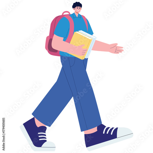 Student Illustration. Vector illustration of Student walking with backpack and textbooks on the way to class. Isolated on background
