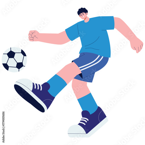 Student Illustration. Vector illustration of Teen kicking a soccer ball during practice, active movement in sportswear. Isolated on background