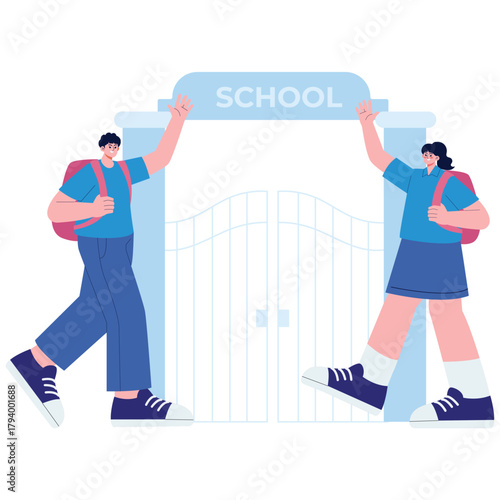 Student Illustration. Vector illustration of Happy students with backpacks arrive at the school gate, ready for a new day of learning. Isolated on background