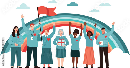 Diverse group celebrates unity and hope with vibrant rainbow and red flag, embodying community spirit and shared achievement.