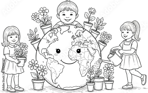 Joyful children nurturing our planet and planting flowers around a smiling Earth, symbolizing global care and environmental education for a brighter future.
