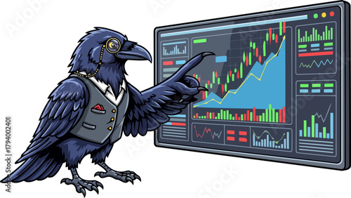 a sharp corvid oracle unveils digital market secrets with keen foresight, isolated on transparent background