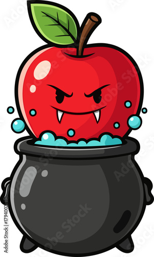a wicked apple with fangs brews a mysterious potion in a dark cauldron, isolated on transparent background