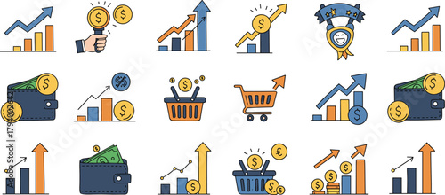 Financial icons, economic symbols, growth chart, investment concept, colorful vector, business analytics, money management, shopping, wallet, success, achievement