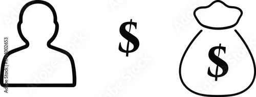 Financial transaction icon, person, dollar sign, money bag, income concept, business finance, flat vector, minimal black white design