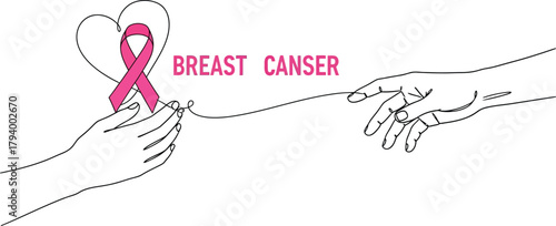 Empowering pink ribbon heart held by caring hands connects to reaching hands, symbolizing hope and support for breast cancer awareness month.