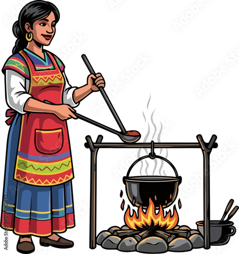 ancestral flavors awakened traditional cooking by a smiling woman over a roaring fire, isolated on transparent background