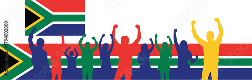 Vibrant silhouettes of diverse youth celebrating enthusiastically with arms raised against the South African flag backdrop for Youth Day.