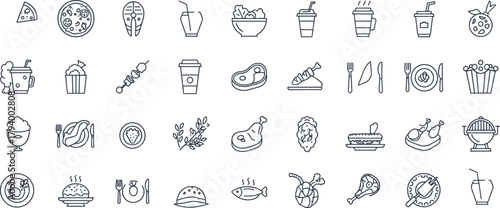 Food drink icon set, pizza, ice cream, coffee, smoothie, steak, sandwich, pasta, dumpling, line art, minimal vector