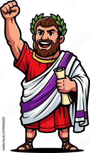 ancient laurelcrowned victor declares glorious achievement with uplifted fist, isolated on transparent background