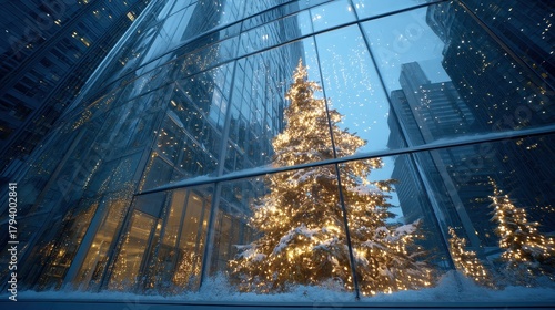 A christmas tree is reflected in a glass window