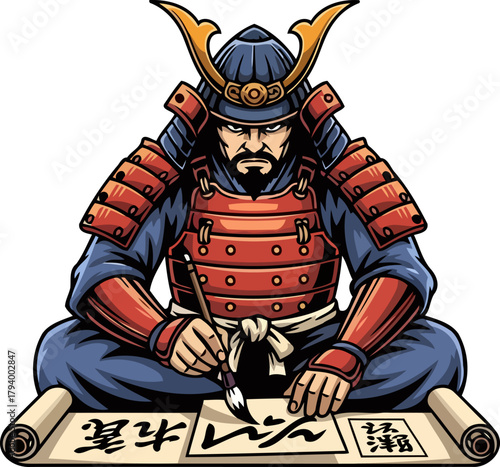 ancient samurai master practices calligraphy, honoring timeless warrior discipline and artistic grace, isolated on transparent background