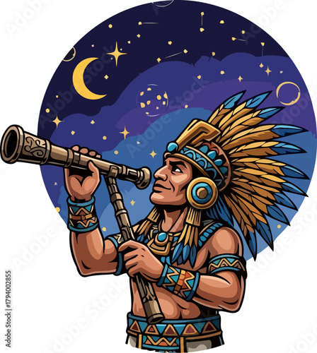 ancient shaman peers through telescope, connecting ancestral wisdom with stellar wonders, isolated on transparent background