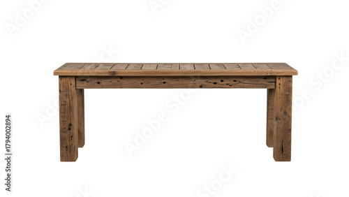 Rectangular rustic wooden table constructed from weathered planks isolated on black background
