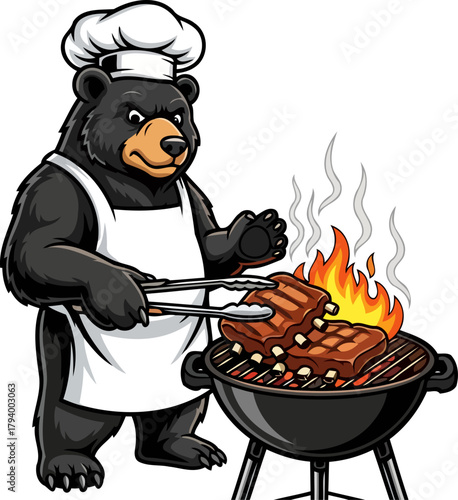 apex chef bear ignites grill, expertly crafting sizzling barbecue ribs with culinary flair, isolated on transparent background