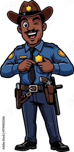 approachable deputy winks, proudly showing badge as a friendly community protector, isolated on transparent background