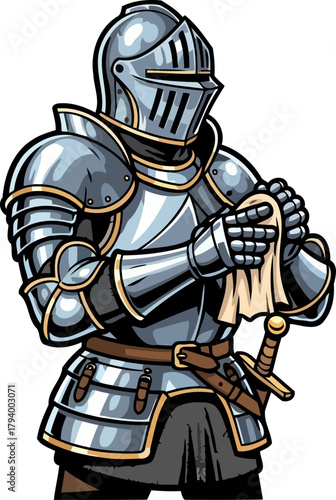 armored defender engaged in solemn preparation, honoring ancient vows of chivalry, isolated on transparent background