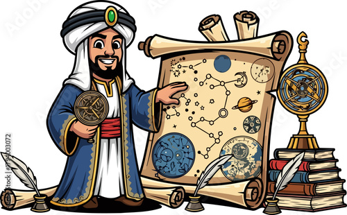 arabian scholar unveils celestial secrets on ancient scroll guiding discovery, isolated on transparent background