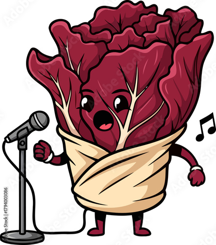 animated radicchio star serenades audience with enthusiastic vocal performance, isolated on transparent background