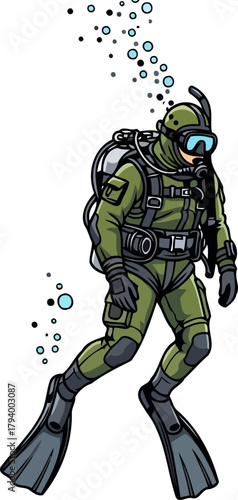 aqua marine explorer glides through watery depths, pursuing hidden wonders below, isolated on transparent background