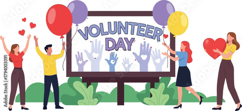Celebrate Volunteer Day with joy and helping hands, spreading kindness and community spirit with vibrant balloons and hearts.