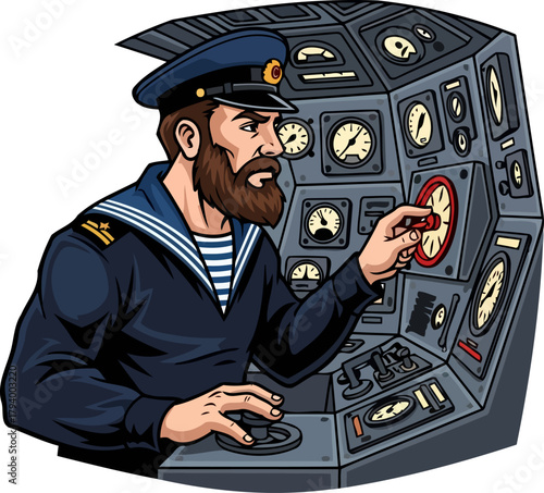 bearded seaman displays precision, guiding advanced vessel systems with calm authority, isolated on transparent background