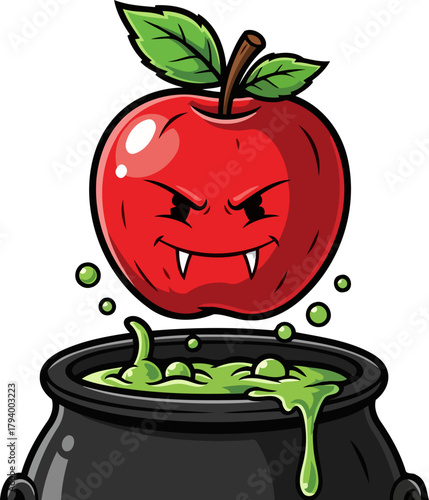 bewitching red apple with vampire fangs manifests dark magic in a bubbling cauldron, isolated on transparent background