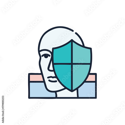 A minimalist icon depicts skincare protection, featuring a face silhouette partially obscured by a shield, symbolizing defense against environmental or health factors, in a modern design.