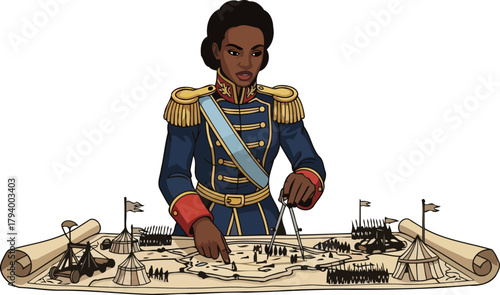 brilliant commander meticulously plans decisive battle strategy on an elaborate map, isolated on transparent background