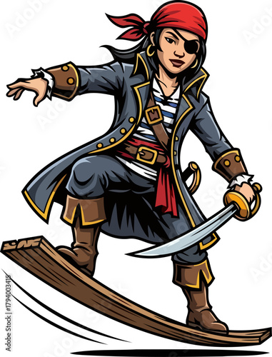 buccaneer spirit unleashed a daring pirate maidens plank surfing prowess, isolated on transparent background