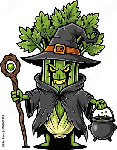 celery sorcerer conjures spooky spells with verdant vigor and malicious mischief, isolated on transparent background