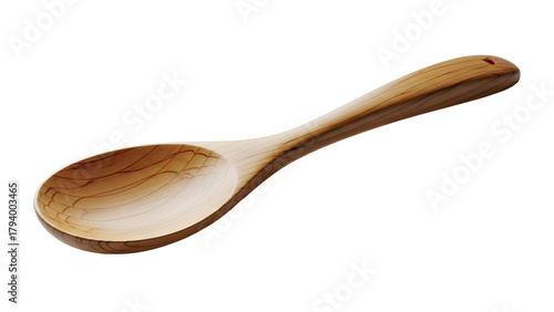 Smooth wooden cooking spoon rests diagonally against a solid black background