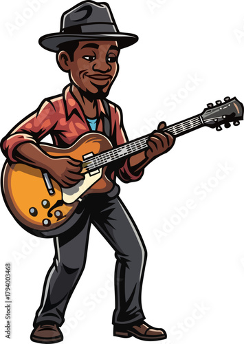 charismatic blues guitarist struts with rhythmic flair, bringing melodies to life, isolated on transparent background
