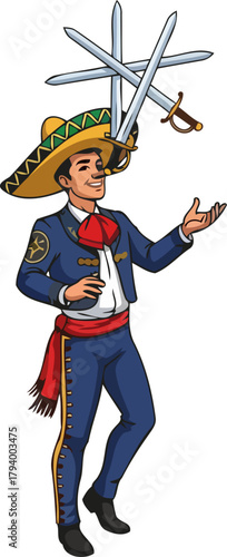 charismatic mariachi maestro masterfully balances sharp swords, captivating audiences with daring skill, isolated on transparent background
