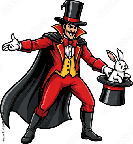 charismatic illusionist reveals a dazzling white rabbit, conjuring spectacle and pure amazement, isolated on transparent background