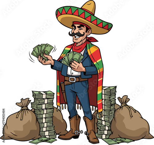 charismatic millionaire gleefully showcases stacks of cash, embodying financial triumph, isolated on transparent background