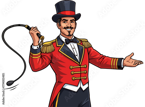 charismatic ringmaster invites you to a world of spectacle and grand entertainment, isolated on transparent background
