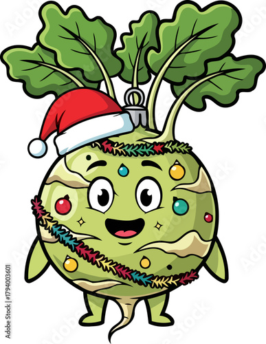 charming kohlrabi character gleefully transforms into a whimsical christmas bauble, isolated on transparent background