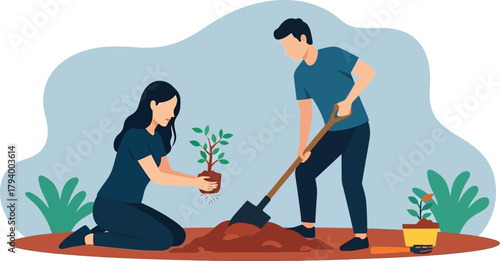 Young couple joyfully planting a new tree together in a vibrant garden, fostering growth and connection for a sustainable future