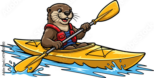 charming otter explores waterways, happily paddling his bright yellow kayak adventure, isolated on transparent background