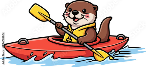 charming river otter joyfully paddles a bright red kayak, making wavy splashes, isolated on transparent background