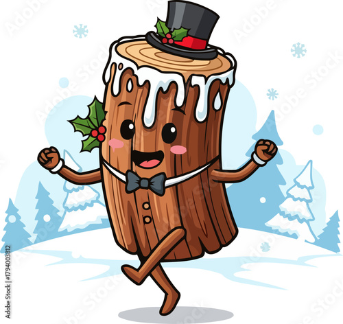 charming yuletide log character joyfully dances through a whimsical winter wonderland, isolated on transparent background