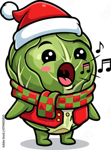 cheerful brussels sprout caroler in festive attire sings beloved holiday melodies, isolated on transparent background