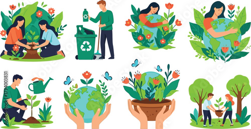 Caring for Earth's future, people plant trees, recycle, and embrace our planet with love and vibrant nature.