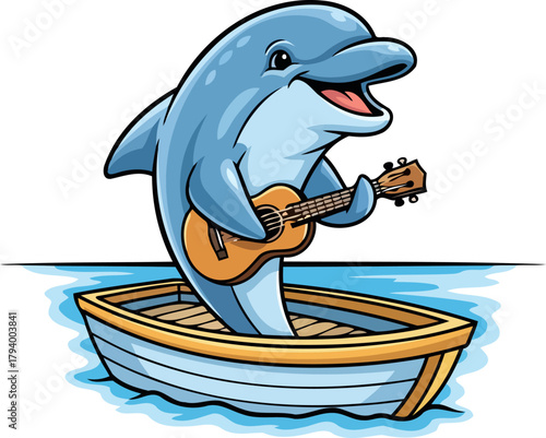 cheerful cartoon dolphin serenades the ocean with melodic ukulele tunes from his little boat, isolated on transparent background
