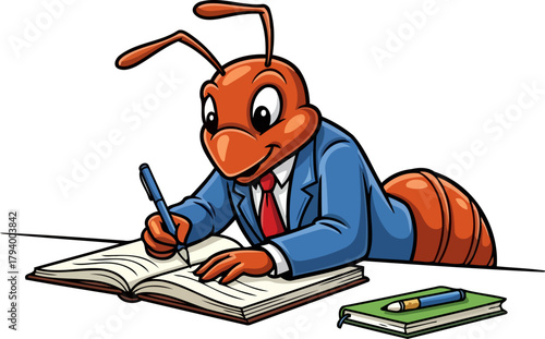 cheerful ant strategist meticulously records key insights, driving future business ventures, isolated on transparent background